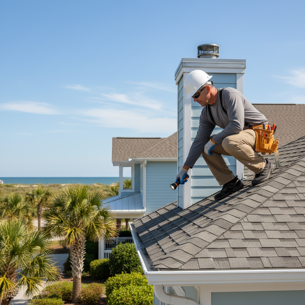 Contractor inspecting roof shingles and gutters on a Wilmington NC home before hurricane season