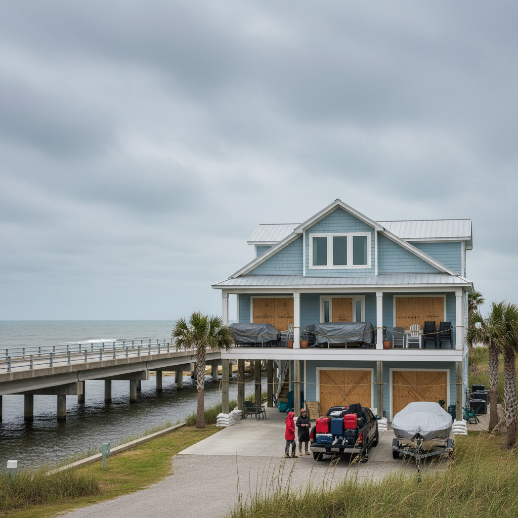 Barrier island beach home near Figure Eight Island and Carolina Beach preparing for storm surge and evacuation