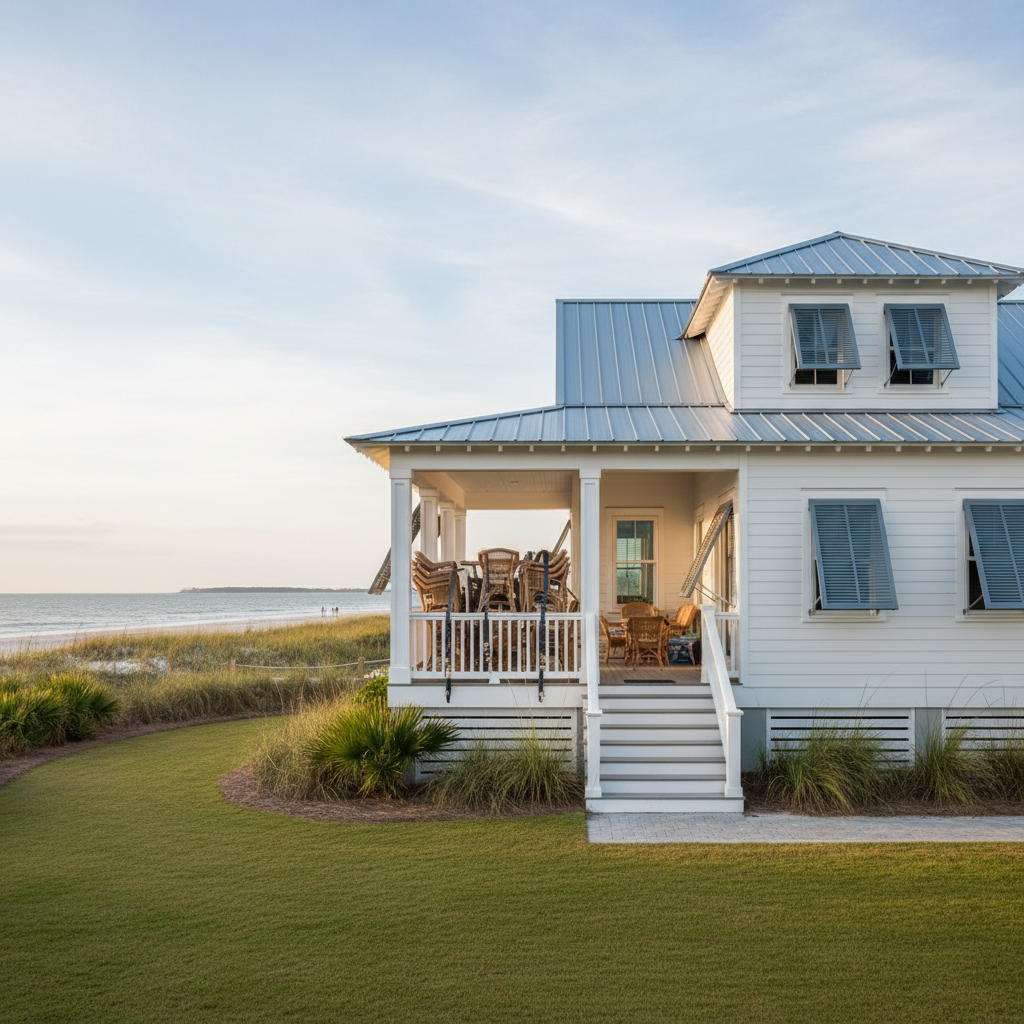 Coastal Wilmington NC home with storm shutters installed before hurricane season